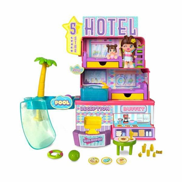 Hotel 5 estrellas pinypon con diferentes estancias y piscina infinita para la diversión, incluye 2 figuras y muchos accesorios 14