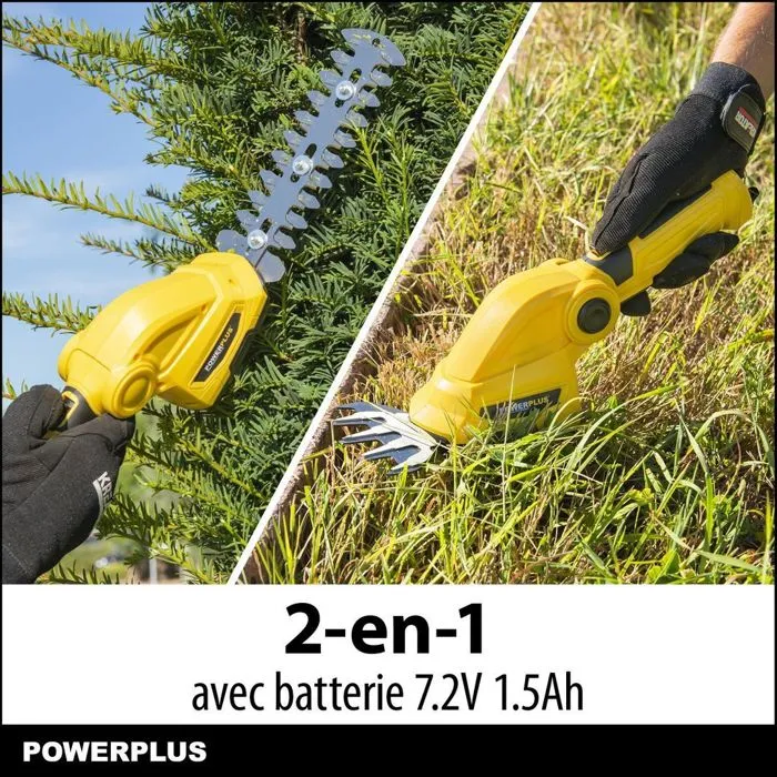 Powerplus Cortacésped y Cortasetos Inalámbrico 7.2V, Ancho Corte Césped 100 mm y Setos 180 mm, Hoja Inclinable 30°