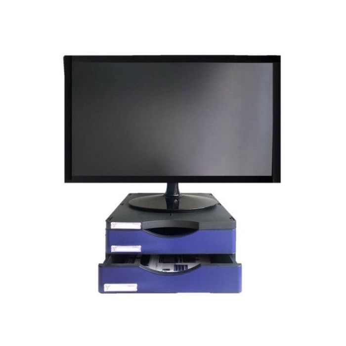 Archivo 2000 Soporte para Monitor Ergosostenible, Poliestireno 100% Reciclado, 2 Cajones A4/Folio, Negro/Azul, 360x300x145 mm