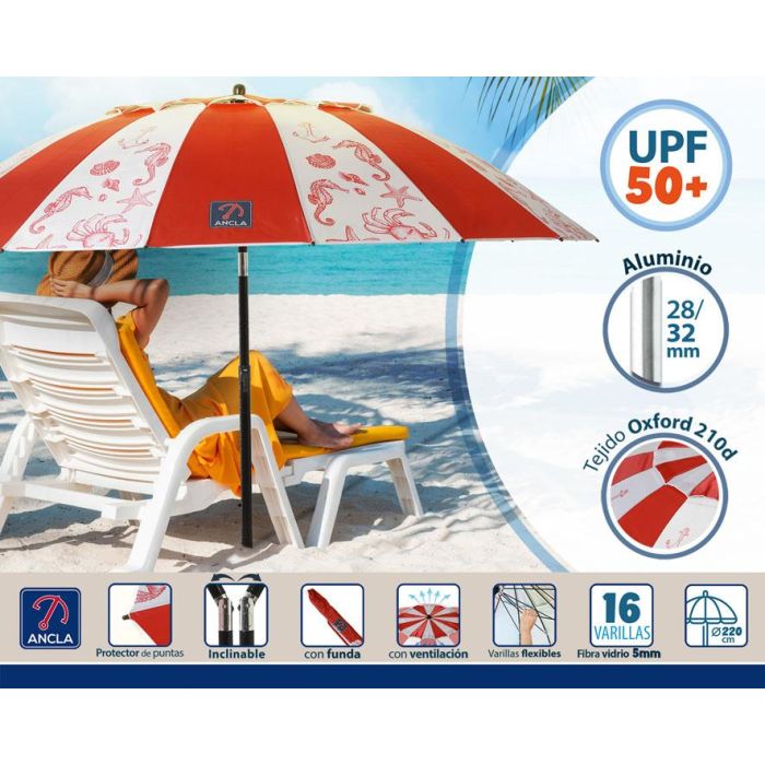 Atosa Sombrilla de Playa Modelo Fondo Marino UPF 50+ Aluminio Orientable Rojo 220 cm 2