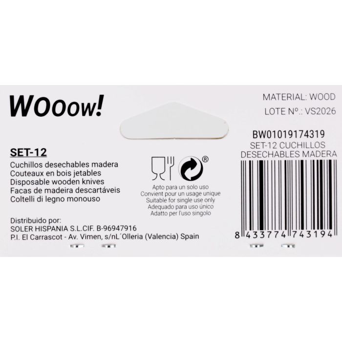 Wooow Set 12 Cuchillos Desechables de Madera 16.5 cm (36 Unidades)