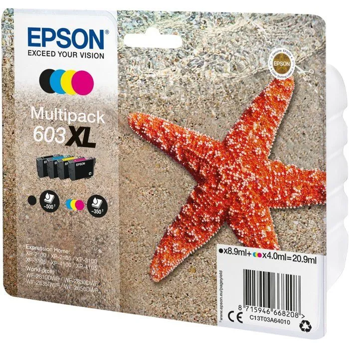Epson Cartuchos Tinta Negro, Cyan, Magenta, Amarillo 603XL para Impresoras XP-2100, XP-3100, XP-4100, WF-2830DWF, WF-2850DWF 1