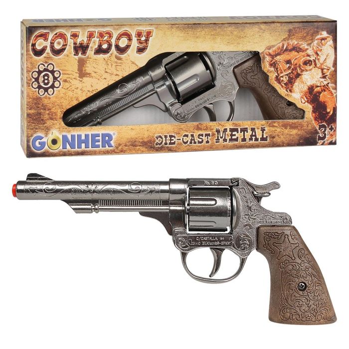 Gonher 80/0 Juguete Revolver de Vaquero de Metal Plata 8 Tiros Edad +3 Años