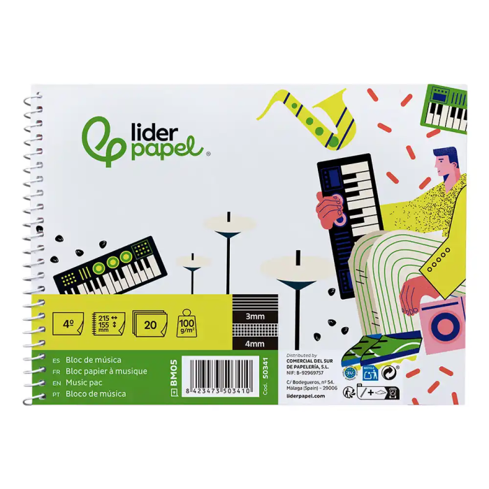 Liderpapel Bloc Música Combi Pentagrama 3mm con Anotaciones Cuadrícula 4mm Cuarto 20 Hojas 100g/m2 Apaisado 1