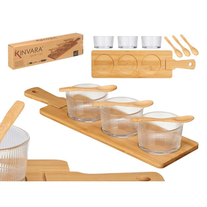 Set 3 Bols de Cristal con Cuchara y Bandeja de Bambú Kinvara - 6x6.5x12 cm (12 Unidades) Set 3 Bols de Cristal con Cuchara y Bandeja de Bambú Kinvara - 6x6.5x12 cm (12 Unidades)