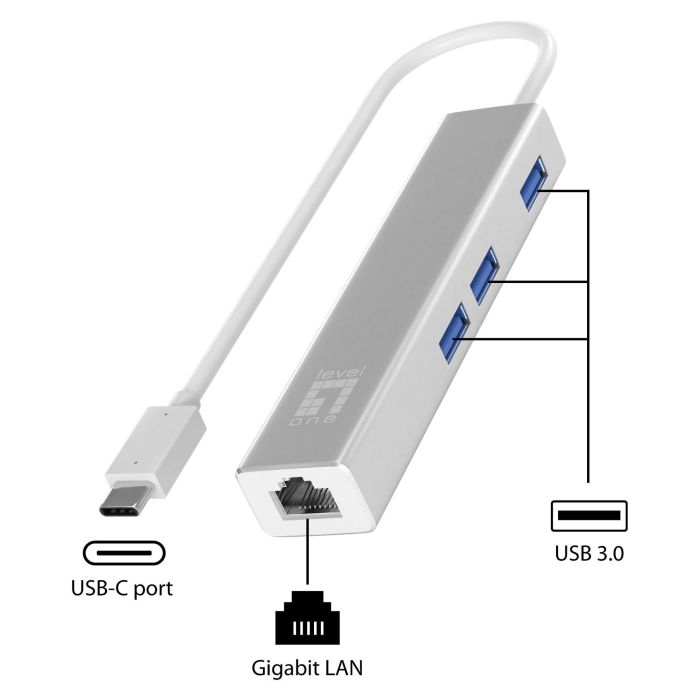 LevelOne USB-0504 Adaptador USB-C a RJ45 Gigabit Ethernet con 3 Puertos USB 3.0 Cable 0.15m Plata 1