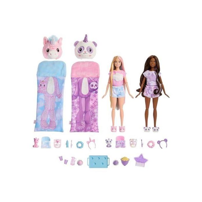 Barbie - Cutie Reveal Pyjama Party - Caja llena de sorpresas con 2 muñecas articuladas y más de 35 accesorios