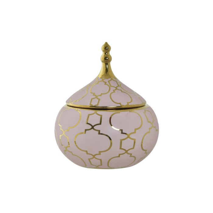 DKD Home Decor Joyero Oriental Zeman de Porcelana Rosa Dorado con Tapa 14x14x17 cm