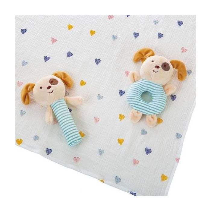 Creaciones Llopis - Set de Regalo para Bebé: Cuna + Muselina 90x65 cm + Sonajero de Perro con Pito 20 cm