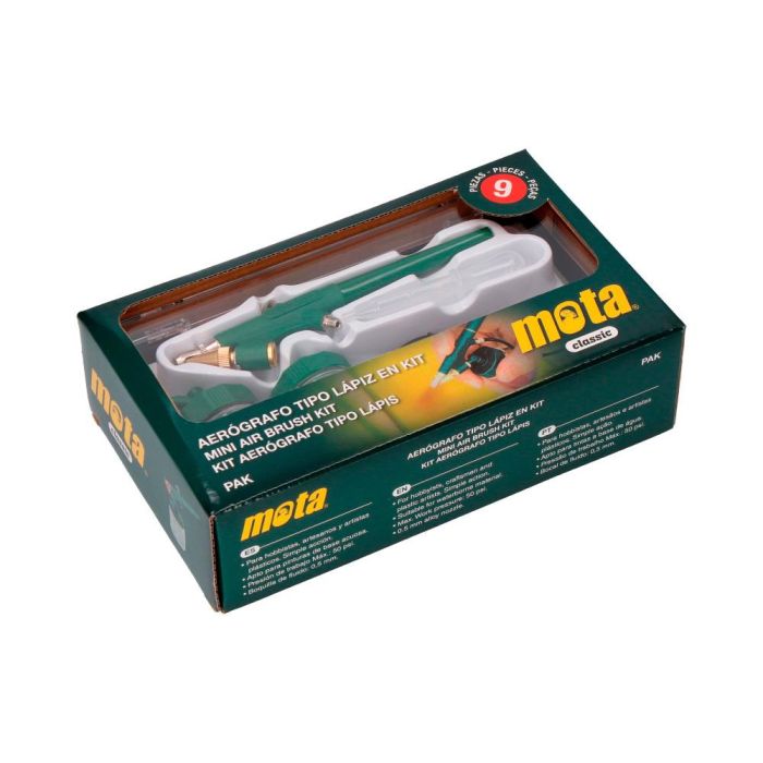 Mota Herramientas Pak Aerógrafo Tipo Lápiz Kit con Accesorios, Presión 1-2 bar, Spray 40-60mm, Aluminio, Gravedad 1
