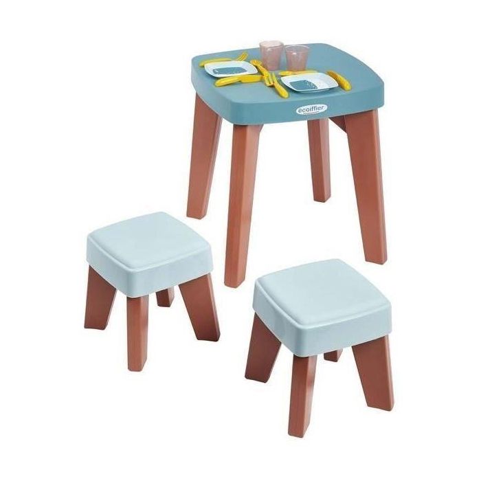 Ecoiffier Mesa de Comedor Infantil con 2 Taburetes, Juego de 13 Piezas, Vert Azur Eco-responsable para +18 meses