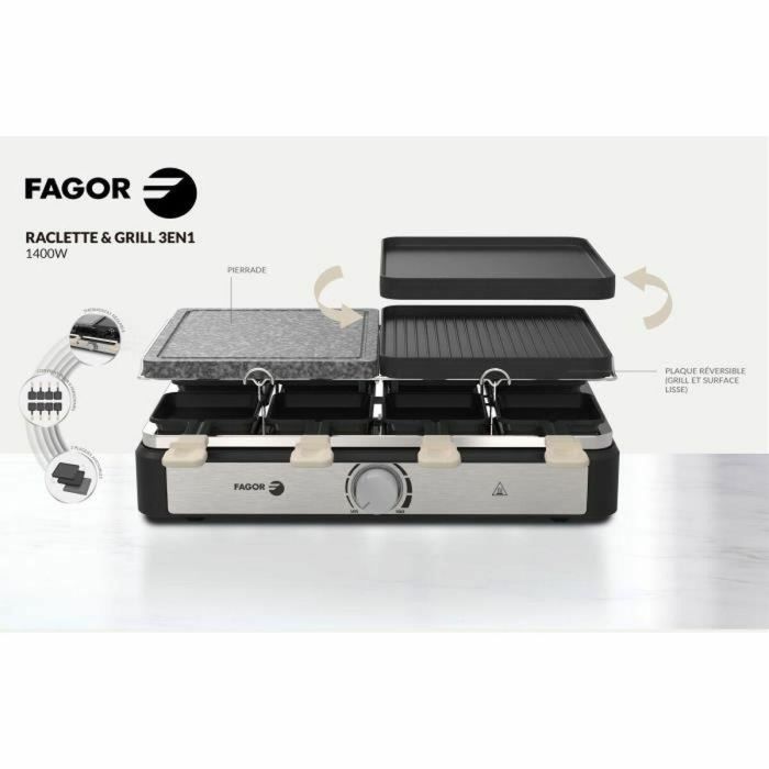 Fagor Raclette/Grill FGRG8 para 8 personas con Piedra para cocinar y Termostato regulable - 1400W 2