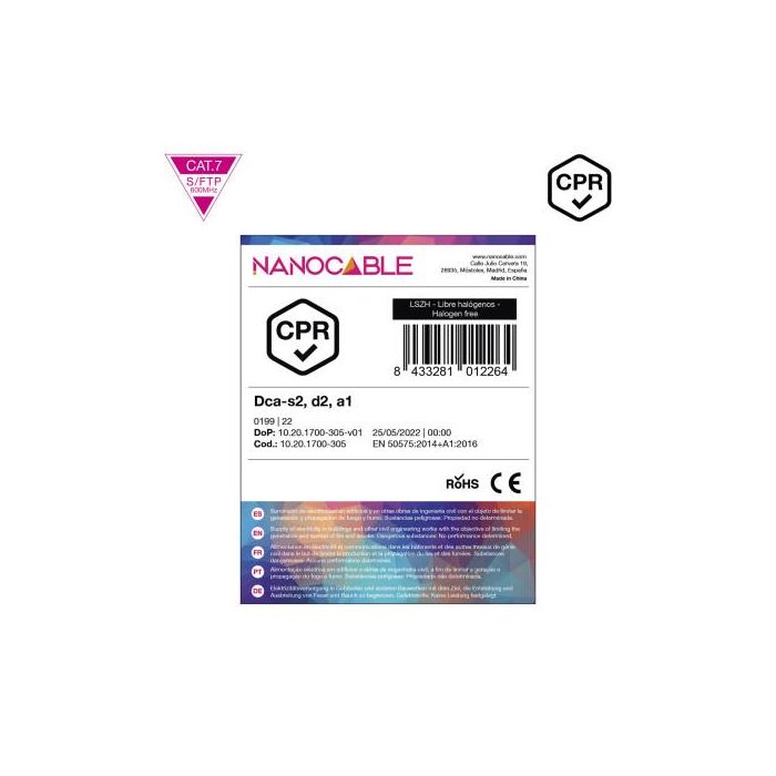 Nanocable 10.20.1700-305 Cable de Red CAT.7 LSZH SFTP PIMF AWG23, Naranja, 305m, 10GBase-T, PoE, Cobre, CPR DCA, Carrete