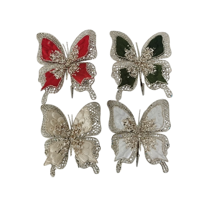 DKD Home Decor Adorno Navideño Mariposa Poliéster Purpurina Surtido Verde Burdeos Beige Blanco 4x21x18 cm (12 Unidades)