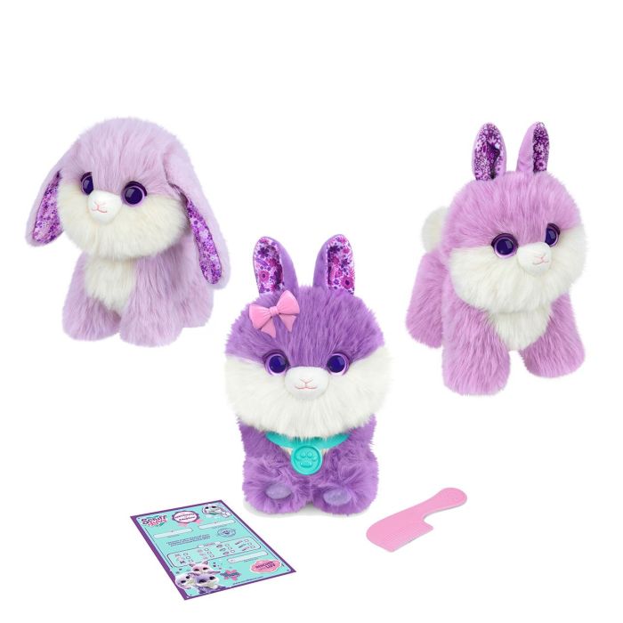 MOOSE Scruffa Luvs Bunnies 30331 - 3 Peluches Conejos para Rescatar y Lavar, Colores Morados con Detalles en Orejas, Juguete en Español para Niños +2 Años