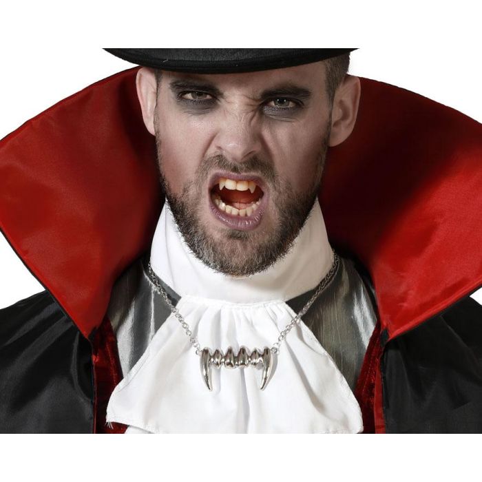 Collar de Dientes de Vampiro Plateado con Cadena para Disfraces de Halloween y Fiestas Temáticas Collar de Dientes de Vampiro Plateado con Cadena para Disfraces de Halloween y Fiestas Temáticas