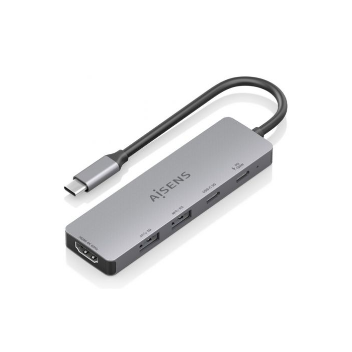 Aisens ASUC-5P028-GR Docking USB-C 5 en 1: HDMI 4K, 2xUSB-A, 2xUSB-C (PD 100W), Gris para Portátiles