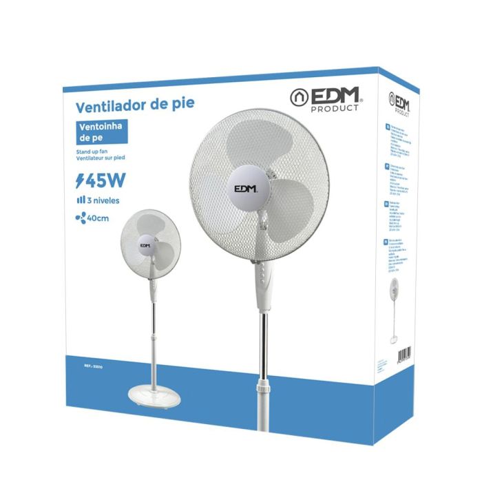 Ventilador de pie con base circular. color blanco. potencia: 45w aspas: ø40cm altura regulable 110-130cm edm 3