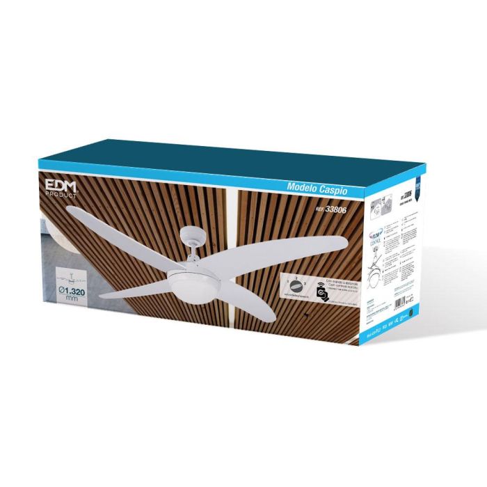 Edm Ventilador de Techo Caspio Ø132cm, 60W, 3 Velocidades, Mando a Distancia, Blanco 3