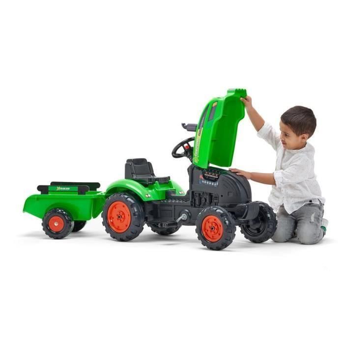 FALK - Tractor de pedal verde X Tractor con capó de apertura y remolque incluido 2 FALK - Tractor de pedal verde X Tractor con capó de apertura y remolque incluido 2