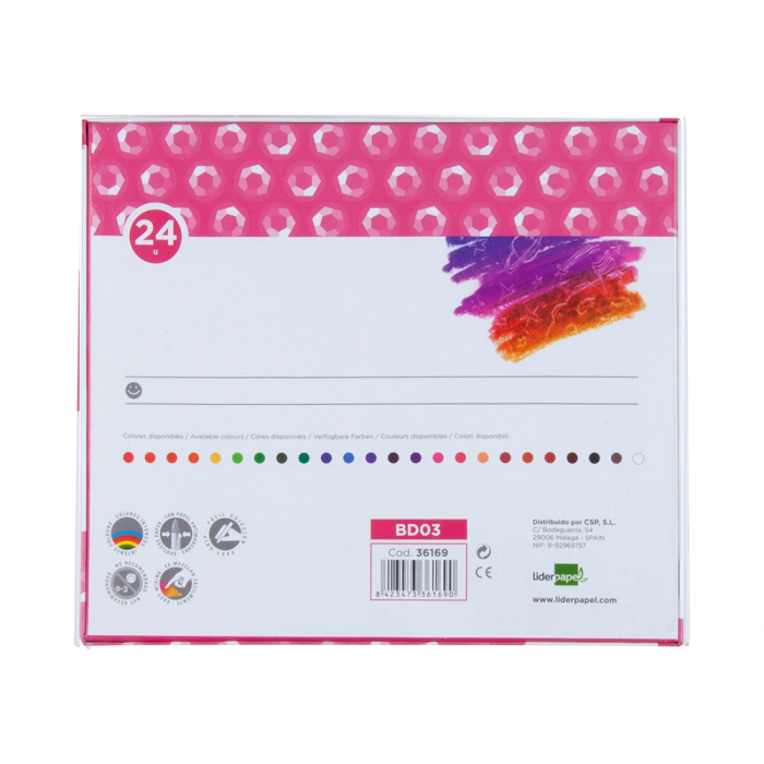 Liderpapel Lápices de Cera Semi Blandos Caja 24 Unidades Colores Surtidos Forma Hexagonal Papel Antimanchas Uso Escolar 2