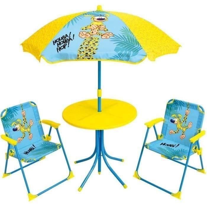 MARSUPILAMI Mobiliario de jardín para niños que incluye 1 mesa, 2 sillas plegables y 1 sombrilla MARSUPILAMI Mobiliario de jardín para niños que incluye 1 mesa, 2 sillas plegables y 1 sombrilla