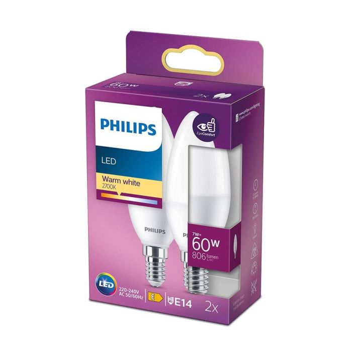 Philips Bombilla Vela LED E14 7W 806lm 2700K Luz Cálida 2Uds 1
