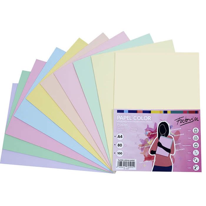 Fabrisa Papel Din A4 80 gr Inkjet-Láser Paquete 100H Retractilado 10 Colores Pastel