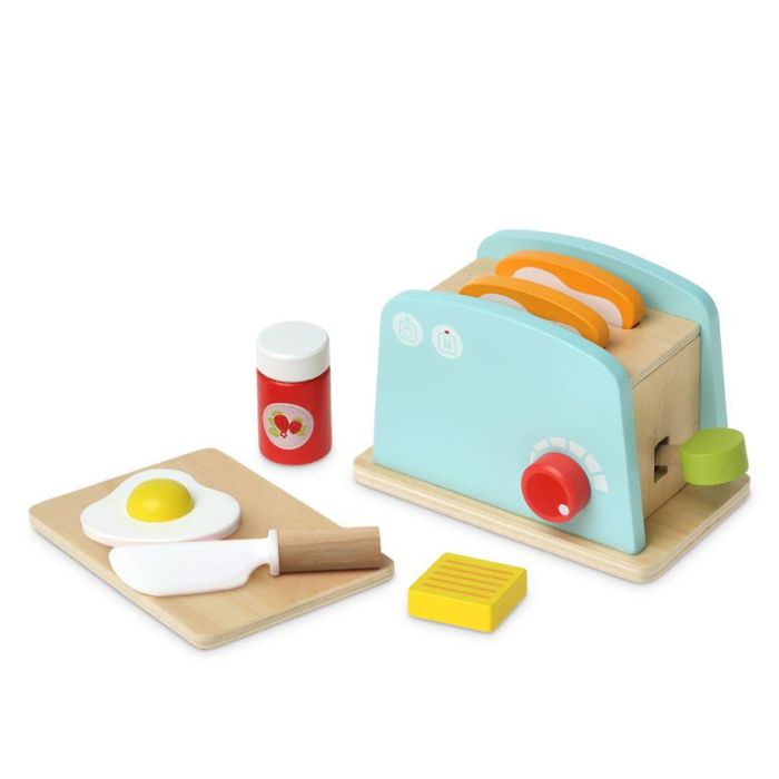 KioKids Juguete Tostadora de Madera Azul | Set de Desayuno de Imitación con Huevo, Mantequilla, Mermelada y Tostadas | Niños +3 Años 2