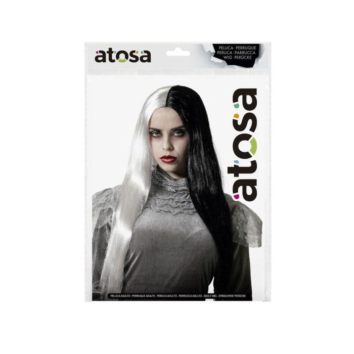Peluca Larga Blanco Y Negro 60 cm Con Raya Central Para Carnaval Cosplay