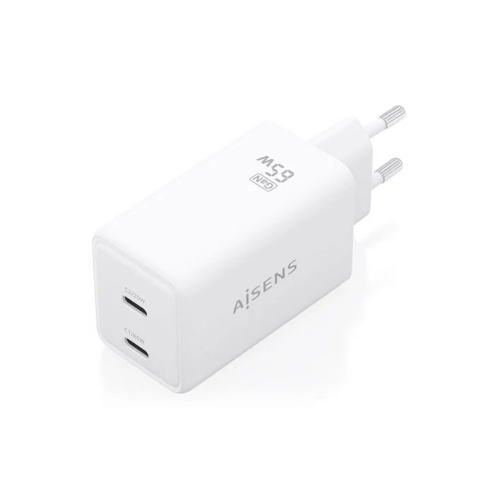 Aisens ASCH-65W2P078-W Cargador de Pared GaN 65W Blanco con 2xUSB Tipo-C PD3.0 QC4.0 para Portátiles y Móviles 1