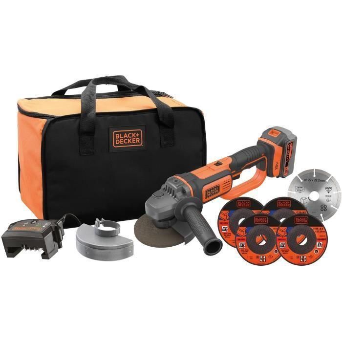 Amoladora inalámbrica - BLACK & DECKER - BCG720M1A5-QW - 18 V + 5 Discos + 1 Batería de 4 Ah