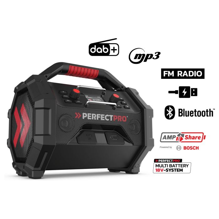 PerfectPro ROCKTAGON Radio de obra digital 30W DAB+ FM Bluetooth 5.2 IP65, 4 altavoces, compatible baterías 18V Bosch Makita DeWalt Milwaukee, USB, Negro/Rojo