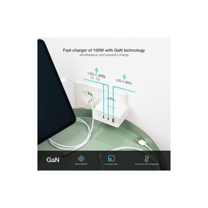 TooQ TQWC-GANQC2PD100W Cargador de Pared GaN 100W con 2xUSB-C PD y 1xUSB-A QC Blanco 3 TooQ TQWC-GANQC2PD100W Cargador de Pared GaN 100W con 2xUSB-C PD y 1xUSB-A QC Blanco 3
