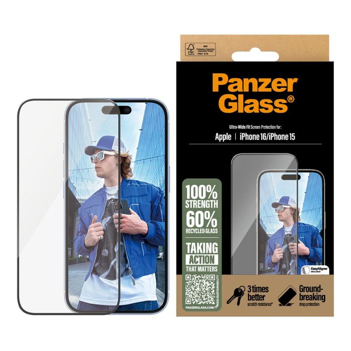 PanzerGlass iPhone 16/15 UWF Protector de Pantalla de Vidrio Templado Transparente Resistente a Golpes y Rayones para Apple iPhone 16 y 15 1