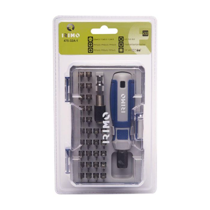 Irimo 475-32a-1 Juego de 32 puntas 1/4" con destornillador portapuntas magnético para tornillos ranurados, Phillips, Pozidriv, Torx y hexagonales 1 Irimo 475-32a-1 Juego de 32 puntas 1/4" con destornillador portapuntas magnético para tornillos ranurados, Phillips, Pozidriv, Torx y hexagonales 1