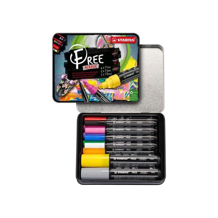 Marcador Acrylic Stabilo Free Arty Line Kit De Iniciacion Estuche De Metal De 11 T100 - Blanco, Azul, Rosa Y Negro T300 - Naranja, Verde Hoja, Violeta Lila Y Carmin T800 - Amarillo Y Gris