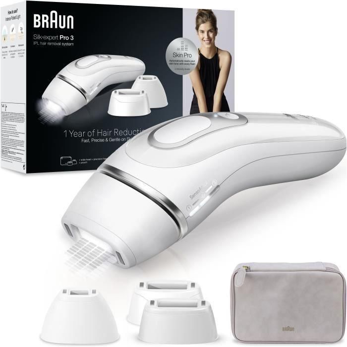 Depiladora de Luz Pulsada - BRAUN - Silk·expert Pro 3 - Depilación en casa - Estuche - 3 Cabezales - PL3230