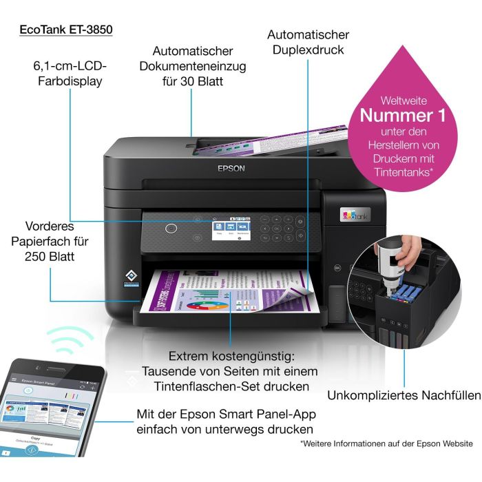 Epson ET-3850 Impresora Multifunción EcoTank 3 en 1, A4, Wi-Fi, ADF, Duplex, Inyección de Tinta, Color, 4800 x 1200 DPI 11