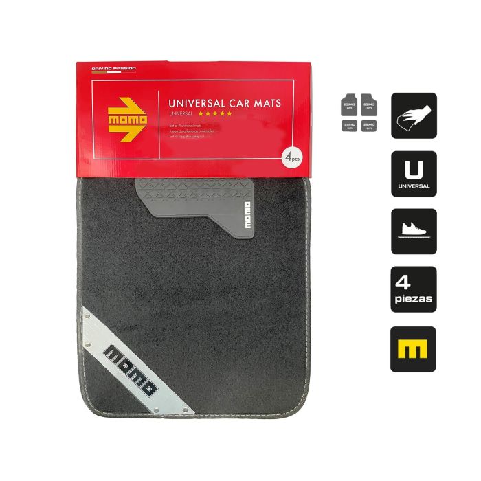 Momo MOMLCM012BW Set 4 Alfombrillas Universales para Coche Negro Blanco, Poliéster PVC Antideslizantes, Talonera Reforzada 4 Momo MOMLCM012BW Set 4 Alfombrillas Universales para Coche Negro Blanco, Poliéster PVC Antideslizantes, Talonera Reforzada 4