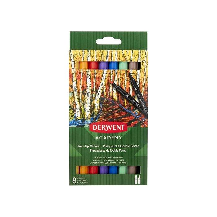 Derwent Rotuladores Academy Doble Punta Fina-Pincel, Colores Surtidos, Estuche 8 Ud