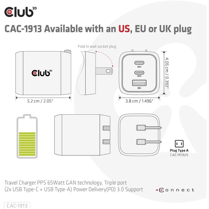 Club3D Ladegerät 2xUSB Typ C. 1xUSB Typ A. PD 65W. GaN retail 3
