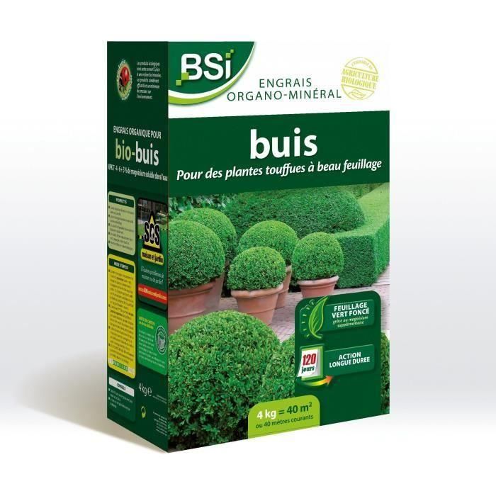 BSI - Abono orgánico para boj - Follaje verde oscuro brillante - Acción duradera - 4Kg - Hasta 40 m² - UAB