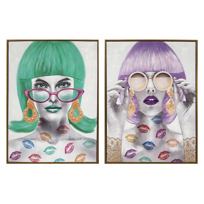 DKD Home Decor Cuadro Glam Chica Fashion Lienzo y PS Verde Lila Surtido 3.5 x 80 x 60 cm (2 Unidades)