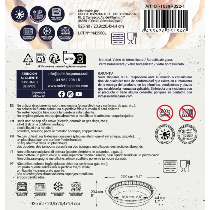 Quttin Fuente de Vidrio 23.9 cm x 20.4 cm x 4.4 cm 925 cc (6 Unidades)