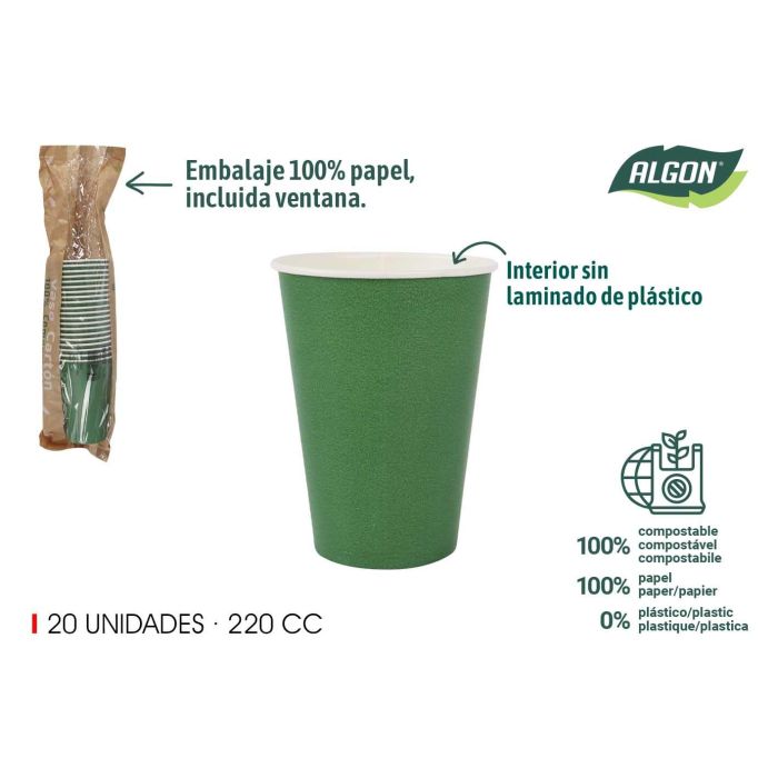 Set de 20 vasos de cartón verde pino 220 cc - Algon (20 Unidades) Set de 20 vasos de cartón verde pino 220 cc - Algon (20 Unidades)