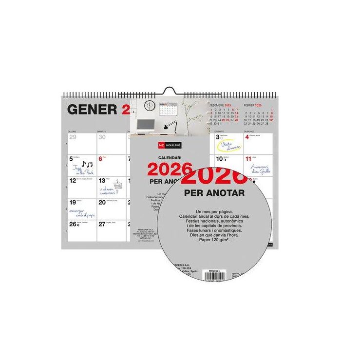 Calendario (2026) Catalan Miquelrius Paret Basic Mensual Para Escribir A4 296X210