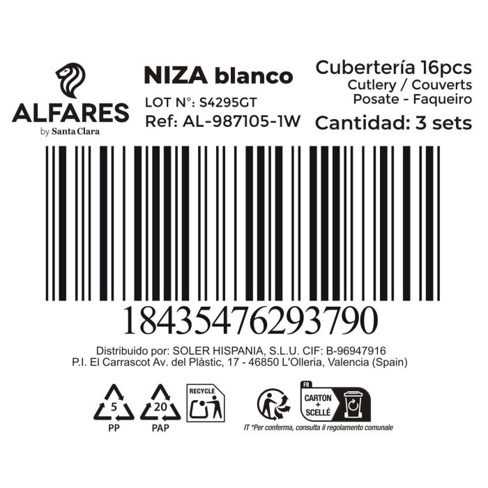 Inde Cubertería Niza, 16 Piezas de Acero Inoxidable, Color Blanco Aluminio, Juego de Cubiertos Completo (3 Unidades) Inde Cubertería Niza, 16 Piezas de Acero Inoxidable, Color Blanco Aluminio, Juego de Cubiertos Completo (3 Unidades)