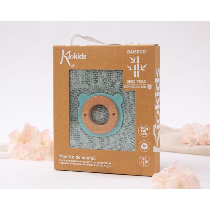 KioKids Set Manta Bambú y Mordedor Madera-Silicona Salvia
