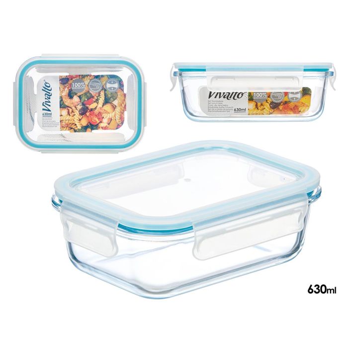 Vivalto Fiambrera Borosilicato Hermética 630 ml Transparente/Azul 13x17x6 cm (Set de 8)
